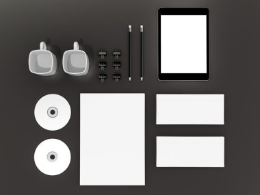 Mockup iş şablonu. Ahşap masa üzerinde öğeleri kümesi.