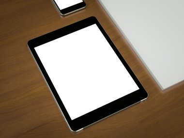 Mockup iş şablonu. Braun ahşap masa üzerinde öğeleri kümesi.