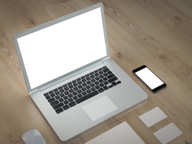 Mockup iş şablonu. Ahşap masa üzerinde öğeleri kümesi.