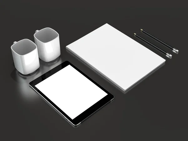 Modelo de negócio Mockup. Conjunto de elementos na mesa preta . — Fotografia de Stock