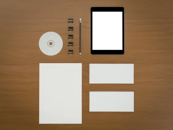 Mockup business template. Set of elements on the braun wooden table. — Stock Photo, Image