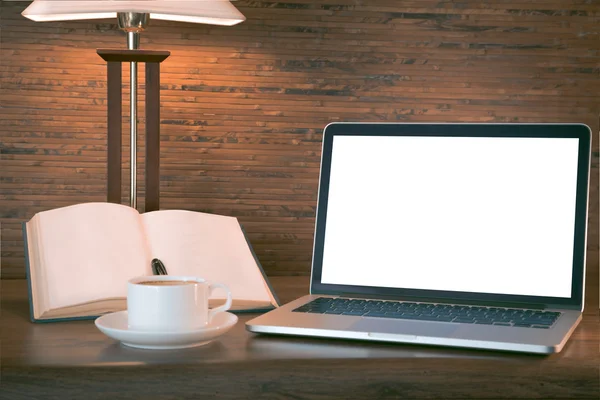 Open book, laptop and cup with coffee over wooden table, retro filtered image — Stock Photo, Image