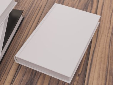 Ahşap arka plan üzerinde beyaz bir kapak ile kitabın mockup