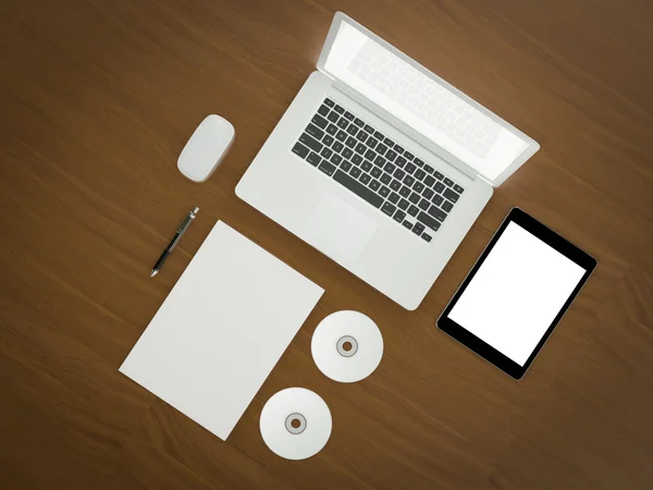 Modelo de negócio Mockup. Conjunto de elementos na mesa de madeira braun . — Fotografia de Stock