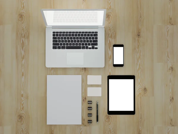 Mockup business template. Set of elements on the wooden table. — Stock Photo, Image