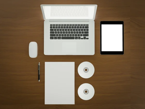 Mockup business template. Set of elements on the braun wooden table. — Stock Photo, Image