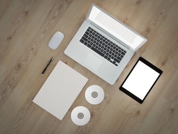 Mockup business template. Set of elements on the wooden table. — Stock Photo, Image