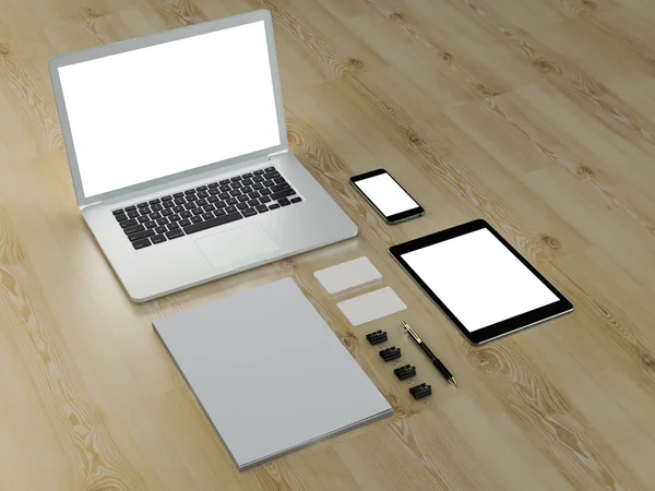 Modelo de negócio Mockup. Conjunto de elementos na mesa de madeira . — Fotografia de Stock