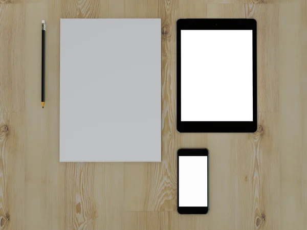 Mockup business template. Set of elements on the wooden table. — Stock Photo, Image