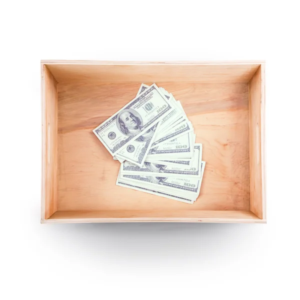Vista superior da caixa de madeira. Dinheiro dentro — Fotografia de Stock
