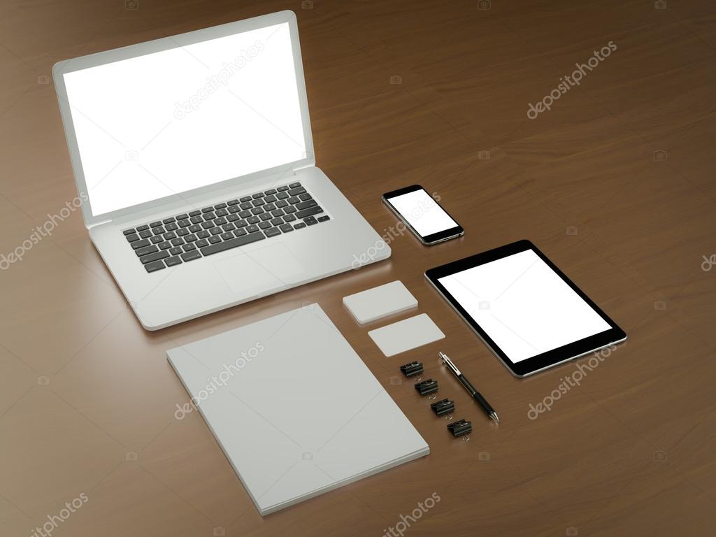Mockup business template. Set of elements on the braun wooden table.