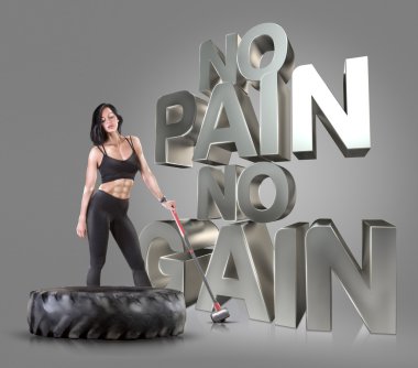 Bir çekiç üzerinde arka plan motivasyonel fitness ifadeler tutan spor kadın