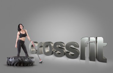 Bir çekiç üzerinde arka plan motivasyonel fitness ifadeler tutan spor kadın