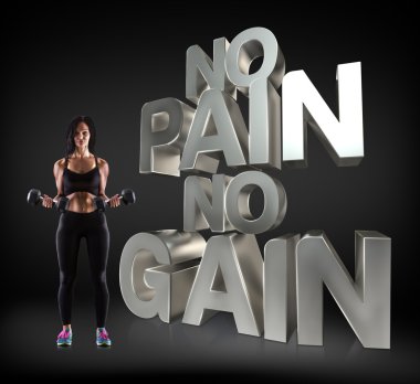 Bir dumbells arka plan üzerinde motivasyon fitness ifadeler tutan spor kadın