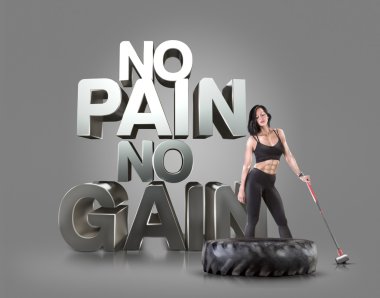 Bir çekiç üzerinde arka plan motivasyonel fitness ifadeler tutan spor kadın