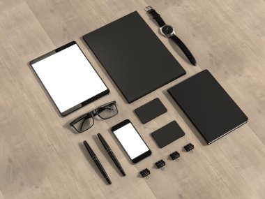 Ahşap masa üzerinde mockup öğeleri kümesi. Mockup iş şablonu