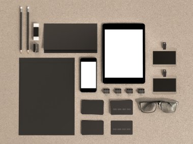 Ahşap masa üzerinde mockup öğeleri kümesi. Mockup iş şablonu