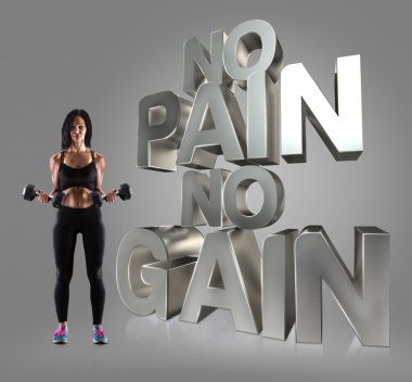 Bir dumbells arka plan üzerinde motivasyon fitness ifadeler tutan spor kadın