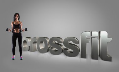 Bir dumbells arka plan üzerinde motivasyon fitness ifadeler tutan spor kadın