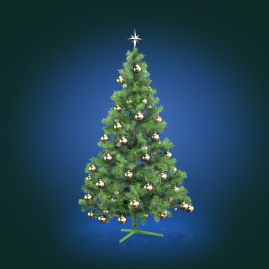 Noel ağacı mavi zemin üzerine dekore edilmiştir