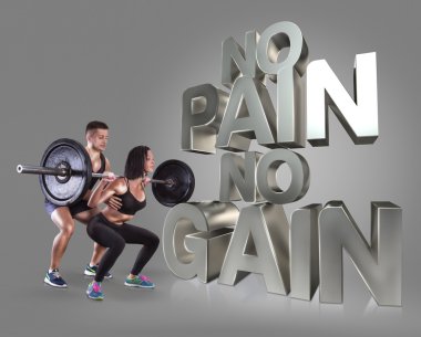 Motivasyonel fitness ifadeler arka plan atletik genç adam ve güzellik kadın bir çubuk gri üzerine kaldırma