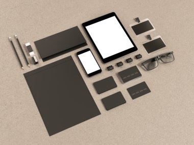 Ahşap masa üzerinde mockup öğeleri kümesi. Mockup iş şablonu