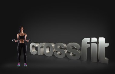 Bir çekiç üzerinde arka plan motivasyonel fitness ifadeler tutan spor kadın