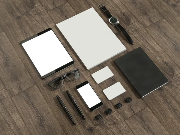 Set di elementi mockup sul tavolo in legno. Modello di business Mockup — Foto Stock