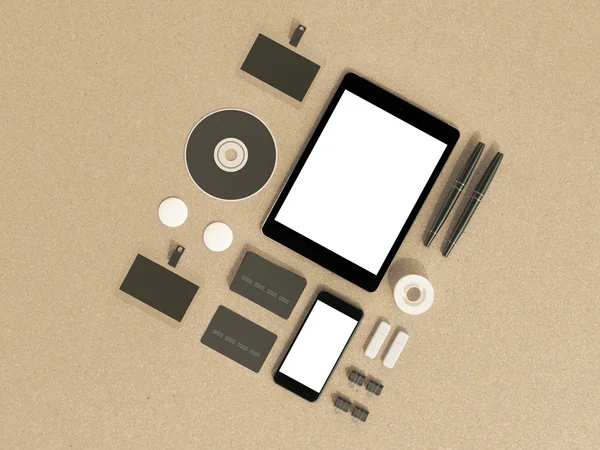 Set di elementi mockup sul tavolo in legno. Modello di business Mockup — Foto Stock