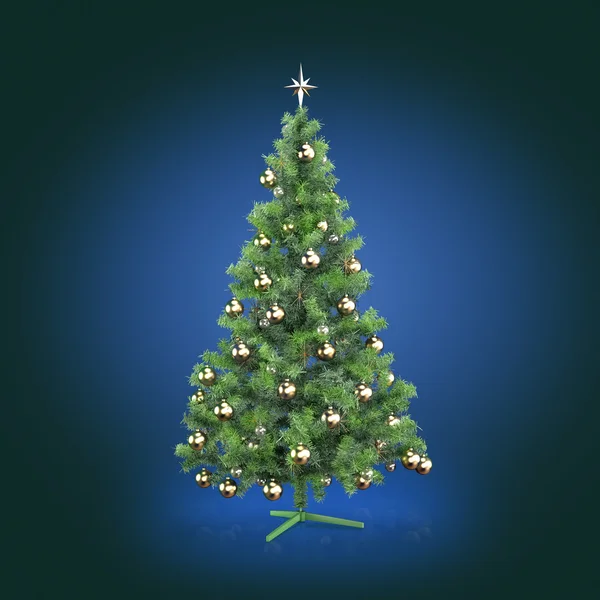 Διακοσμημένο χριστουγεννιάτικο δέντρο σε μπλε φόντο — Φωτογραφία Αρχείου