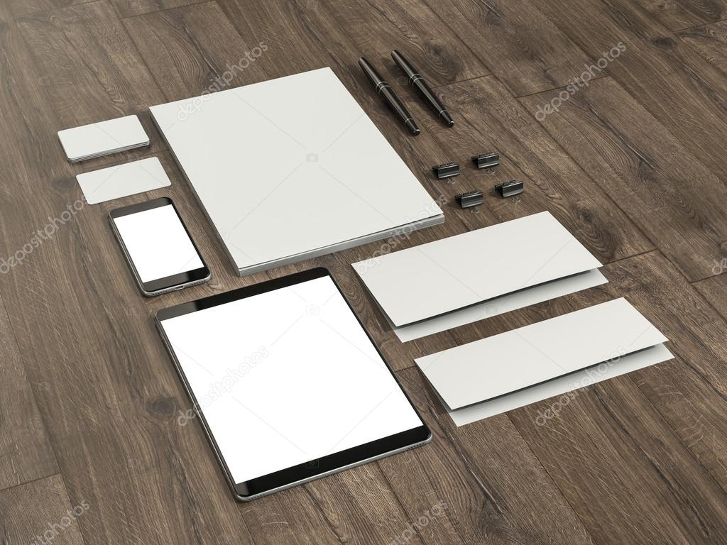 Set of mockup elements on the wood table. Mockup business template