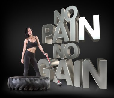 Bir çekiç üzerinde arka plan motivasyonel fitness ifadeler tutan spor kadın