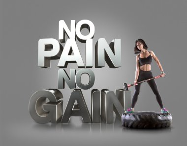 Bir çekiç üzerinde arka plan motivasyonel fitness ifadeler tutan spor kadın