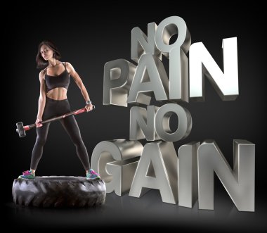 Bir çekiç üzerinde arka plan motivasyonel fitness ifadeler tutan spor kadın