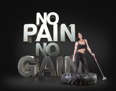 Bir çekiç üzerinde arka plan motivasyonel fitness ifadeler tutan spor kadın