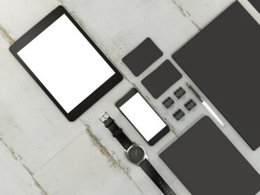 Ahşap masa üzerinde mockup öğeleri kümesi. Mockup iş şablonu