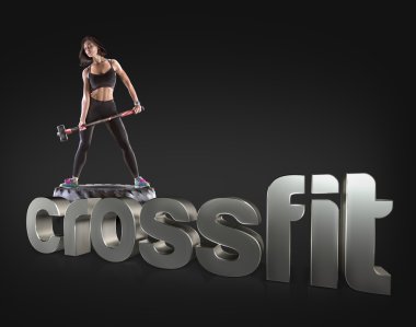 Bir çekiç üzerinde arka plan motivasyonel fitness ifadeler tutan spor kadın