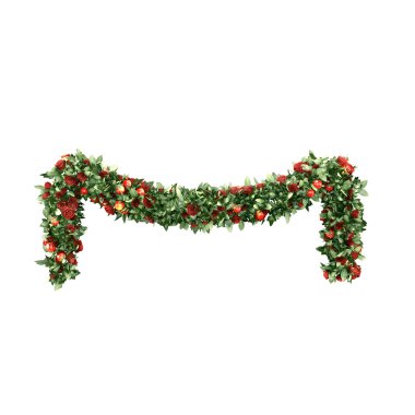 Kırmızı kadife yay, üzerinde beyaz izole Noel çelenk süslenmiş.