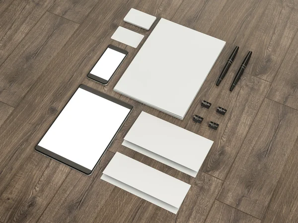 Set di elementi mockup sul tavolo in legno. Modello di business Mockup — Foto Stock