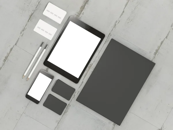 Set di elementi mockup sul tavolo in legno. Modello di business Mockup — Foto Stock