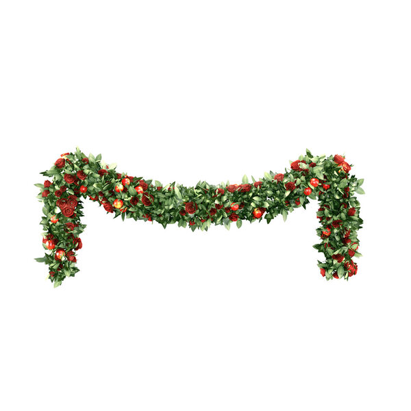 Christmas garlands decorated with red velvet bows, isolated on white.