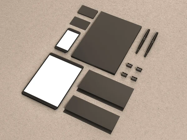 Ahşap masa üzerinde mockup öğeleri kümesi. Mockup iş şablonu