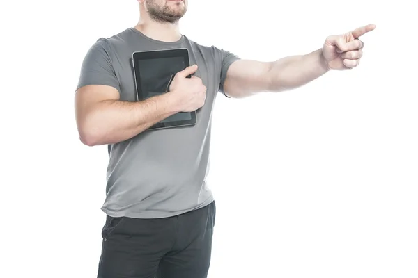 Homem com o tablet indica a direção da mão — Fotografia de Stock