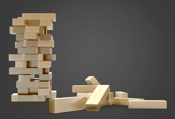 Blokken hout spel jenga op zwarte achtergrond. — Stockfoto