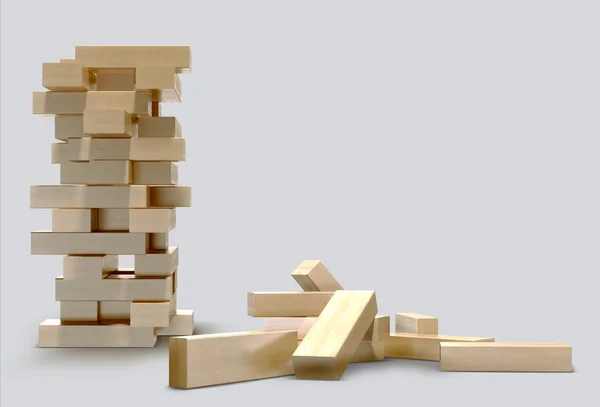 Blöcke Holz Spiel Jenga auf grauem Hintergrund. — Stockfoto