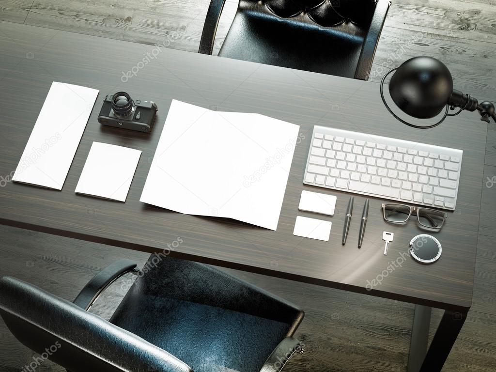 Set of mockup elements on the wood table. Template for design