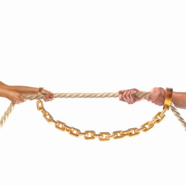 Hands girls and adult men pulling the rope in chains on white background. Competition concept clipart