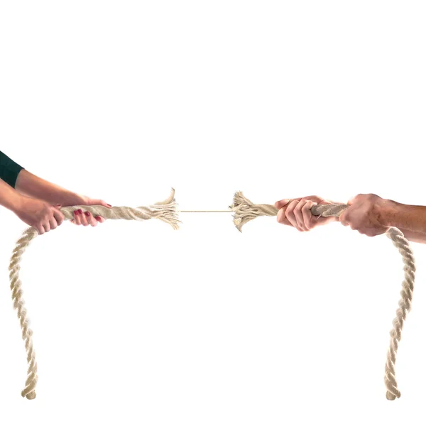 Hands of people pulling the rope on white background. Competition concept — Stock Photo, Image