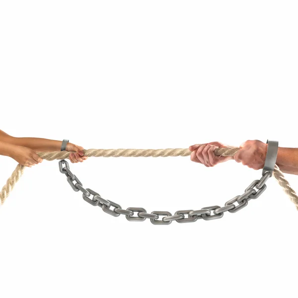 Hands girls and adult men pulling the rope in chains  on white background. Competition concept — Stock Photo, Image