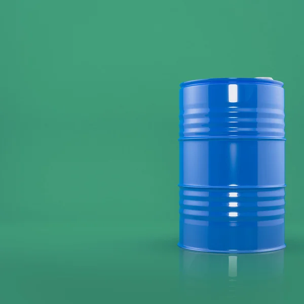 Blue metal barrel on green color background. Front view with space for text — Stock Photo, Image